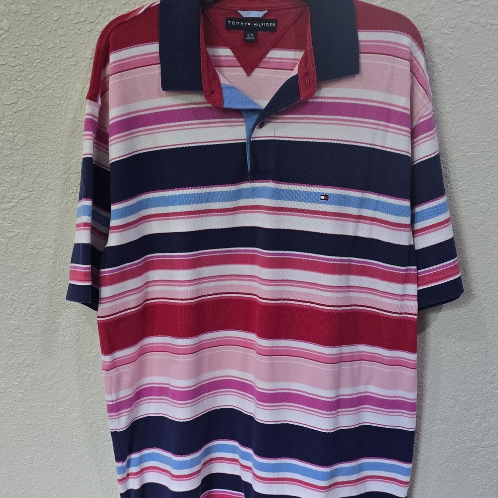 Tommy Hilfiger Red and Pink Striped Polo Shirt